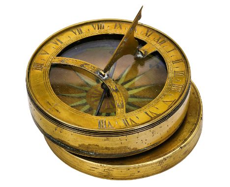 Englische Taschensonnenuhr mit Manuskript-Kompaß, um 1760Messing, Stundenring mit römischen Ziffern, handkolorierter Kompaß u