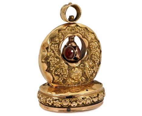 Gold-Anhänger (14 Karat) mit Musikwerk, um 18201 Melodie, Barillet-Musikwerk, bestiftetes Federwerkgehäuse, Aufzug durch Aufh
