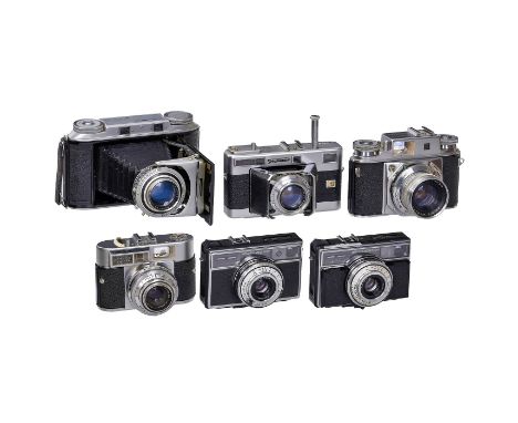 6 Voigtländer-KamerasVoigtländer, Braunschweig. 1) Bessa II, um 1951, zweites Modell ohne Zubehörschuh, mit Color-Heliar 3,5/