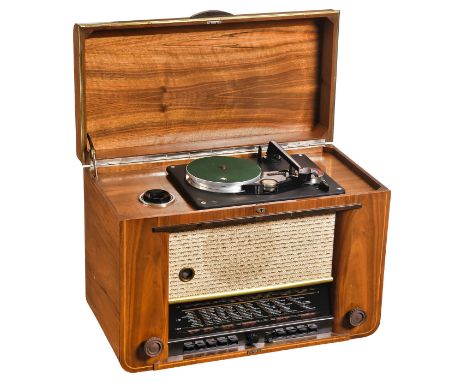 Radio mit Drahttonbandgerät und Platten-spieler Schaub Supraphon 52, 1951Schaub-Lorenz. 15 Röhren, Langwelle, Mittelwelle, Ku