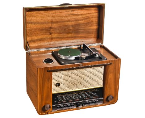 Radio mit Drahttonbandgerät und Platten-spieler Schaub Supraphon 52, 1951Schaub-Lorenz. 15 Röhren, Langwelle, Mittelwelle, Ku