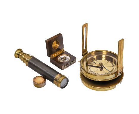 3 englische Vermessungs- und Navigations-instrumente1) Geologen-Richtkompaß, um 1850, Messing, auf dem Deckel signiert "Ottwa