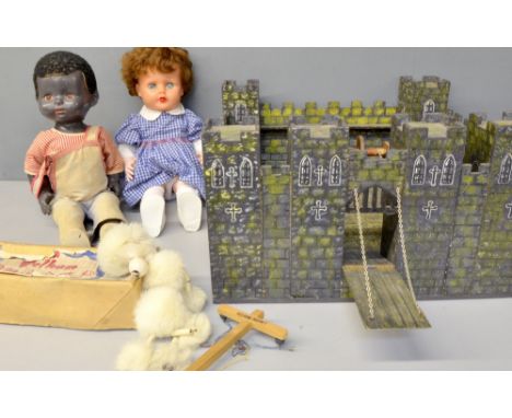 Pelham puppet of a poodle Junior control, a Pedigree brown doll, another doll and a Fort