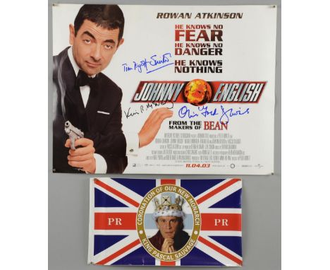 Johnny English Prop Flag showing John Malkovich's character as King of England & a poster signed by Tim Pigott Smith, Kevin M