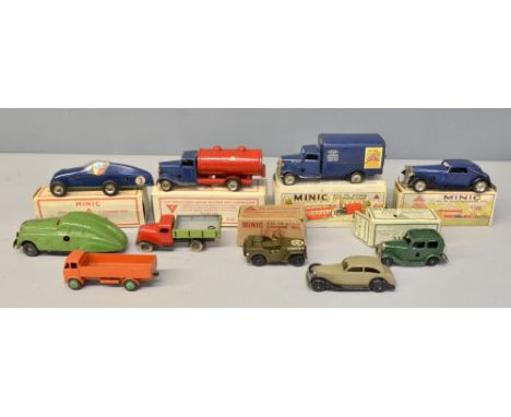 Minic Scale Model Clockwork Toys to include Petrol Tank Lorry, Racing Car, Jeep No 1, Ford Saloon, Delivery Van, Cabriolet, a