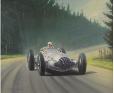 Roy Nockolds (British, 1911 - 1979). R. Caracciola driving a Mercedes at  the Nurburg ring in the German Grand Prix 1938. Oil