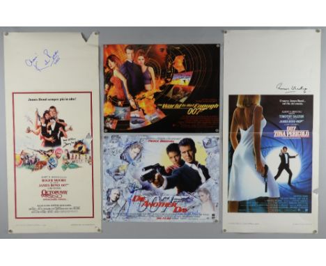 Four James Bond mini posters signed by 6 including Samantha Bond, Judi Dench, David Calder, Toby Stephens & others.Provenance