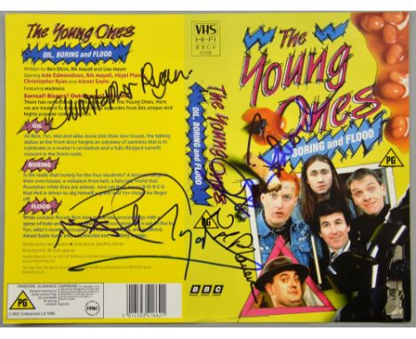 The Young Ones signed video cover signed by Ade Edmondson, Rik Mayall, Nigel Planer & Christopher Ryan, 10 x 8 inches.Provena