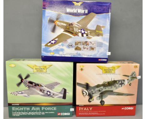 Corgi Aviation Archive Mustang Old Crow AA34402, and a Messerschmitt AA3492 and a Mustang AA34403, all 1:32 scale - all boxed