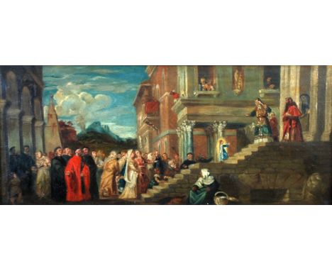 UNATTRIBUTED OIL PAINTING ON CANVAS LAID DOWN Boy Jesus climbing the steps of the temple towards the priests with crowd looki