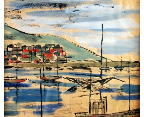 UNATTRIBUTED WATERCOLOUR ON BUFF PAPER MOORED SAILING BOATS 17" X 20" (43.2cm X 50.8cm) together with a colour print 'New Inn