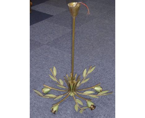 AN ART DECO GILT BRASS FIVE LIGHT ELECTROLIER, with ten curved branches, decorated with green oxidised metal leaves and five 