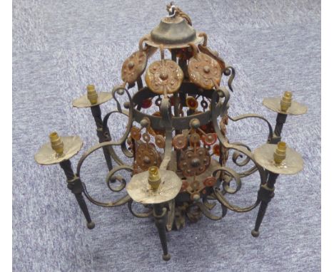 A JACOBEAN STYLE BRASS THREE LIGHT ELECTROLIER AND TWO OTHERS VARIOUS (3) 