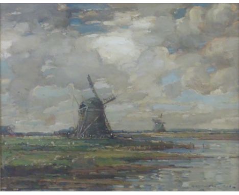 KERSHAW SCHOFIELD (1872-1941)  OIL PAINTING ON CANVAS  Windmills in a river landscape  Signed  15 1/4" x 19 1/2" (38.8cm x 49