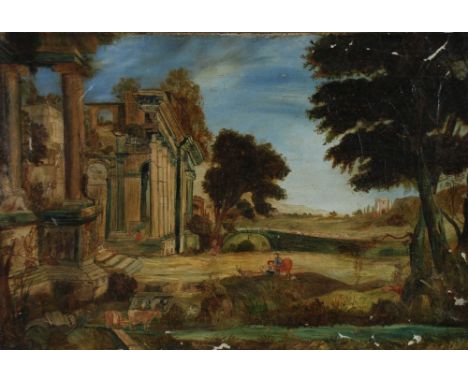 UNATTRIBUTED PRIMITIVE SCHOOL Oil Painting on canvas Landscape with Roman Ruins 16" x 24" (40cm x 61cm) Together with Print l