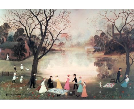 HELEN LAYFIELD BRADLEY (1900-1979) ARTIST SIGNED COLOUR PRINT 'Picnic', park scene with figures having a picnic by the lake S