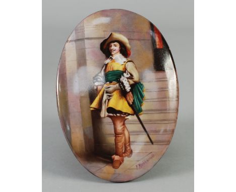 AN OVAL ENAMEL ON CERAMIC PLAQUE OF A CAVALIER, signed F. Micklewright, 6 1/4" (16cm) high 