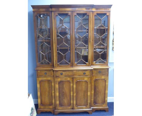 GEORGIAN STYLE FIGURED LIGHT MAHOGANY BREAKFRONT LIBRARY BOOKCASE,                                                4'2" (126.9