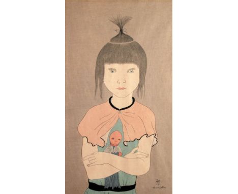 TSUGUHARU FOUJITA (1886-1968) WOODBLOCK COLOUR PRINT Little girl with ragdoll 15 1/2 x 8 3/4" (39.4cm x 22.7cm)