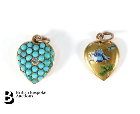 14/15ct gold and enamel floral&nbsp;heart pendant 16 x 12mm together with an antique 14/15ct turquoise-bead heart shaped mour