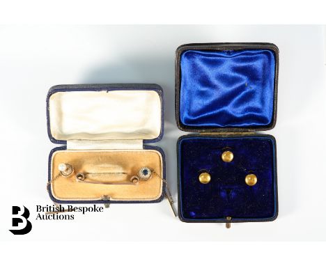 14/15ct diamond and sapphire cluster tie stud, set with a sapphire 3 x 2.5mm and 10 pts of old-cut dias on a 9ct gold safety 