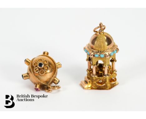 14/15ct gold and turquoise minaret 25mm and a 18ct yellow gold and semi-precious stone globe charm 18mm, 9.2 gms.&nbsp;