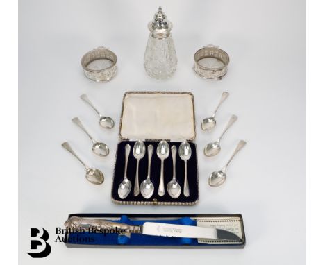 Set of six silver tea spoons, hallmarked Sheffield 1928-30, mm JR (John Round &amp; Sons); a glass and silver topped sugar ca