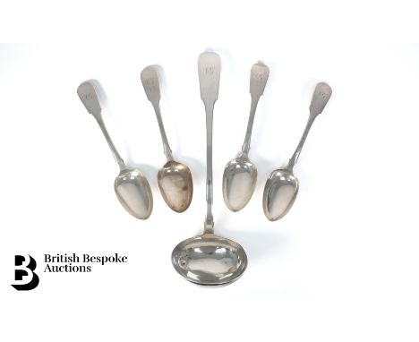 A set of four George IV Scottish silver table spoons with matching silver sauce ladle,&nbsp;hallmarked Edinburgh 1829, mm AW 