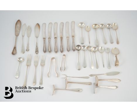 Quantity of Victorian and Georgian silver implements including six silver bread knives, four butter knives, four pickle forks
