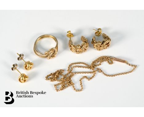 18ct gold knot earrings, 3 gms together with&nbsp;9ct gold knot ring size K, together with a pair of 9ct gold hoop earrings a