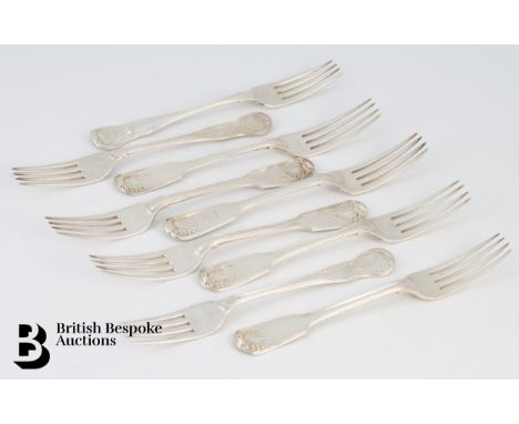 Five Victorian silver large forks, shell pattern, London hallmark dated 1843, mm SE, approx 350 gms; three forks, Kings patte