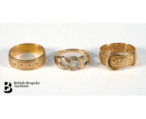 18ct gold buckle ring 3.42 gms, an 18ct gold patterned wedding band, 3.44 gms together with a&nbsp;9ct gold knot ring, 1.57 g