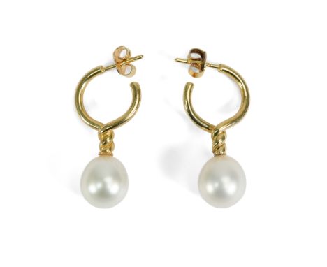 Pair of South Sea pearls, each pearl measures 12mm, suspended from a twisted hoop mount, total drop 35mm, 9.6 gms, presented 