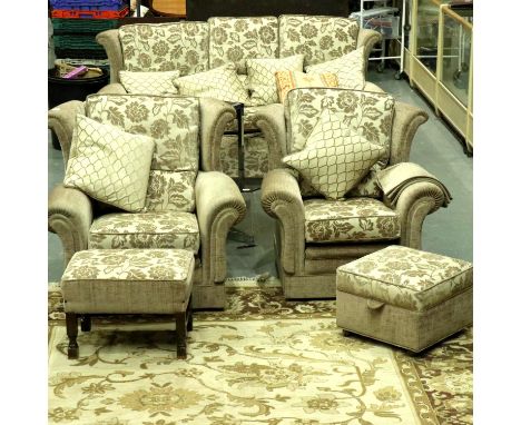 Modern fabric three piece suite comprising, three seat sofa, two chairs and two footstools (5). Not available for in-house P&