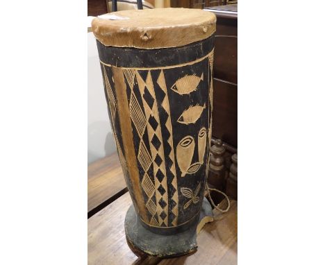 Vintage African Wooden Drum Genuine Skin Leather Cover Large 2 Feet Tall discount Tribal