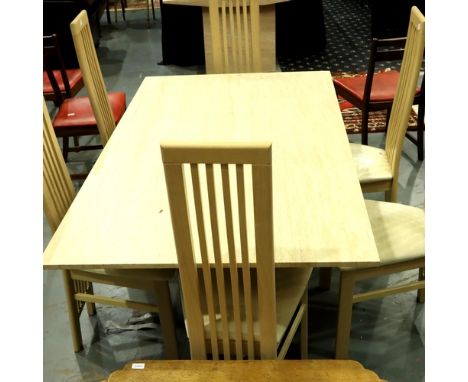 A contemporary suite of dining furniture in reconstituted marble, comprising a pedestal dining table (170 x 100 x 75 cm H), s