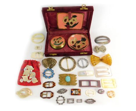 A group of assorted costume jewellery, comprising mainly paste stone and marcasite set nurse's buckles, mother of pearl nurse