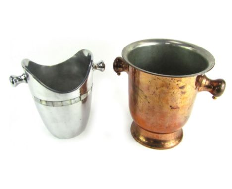 A copper two handled wine cooler, 23cm high, together with a further steel and mother of pearl inlaid cooler, 20cm high. (2)