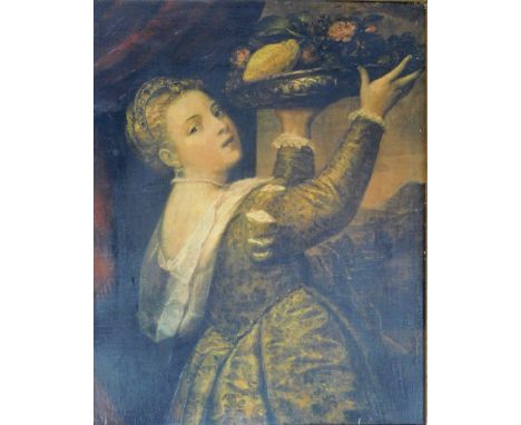 After Tiziano Vecellio. The Titan Girl with a basket of flowers, print on canvas, 53cm x 42cm, in gilt frame. 