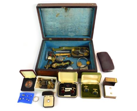 A 19thC mahogany and mother of pearl inlaid writing box, and contents of jewellery, coins, cufflinks, silver bangle with imit