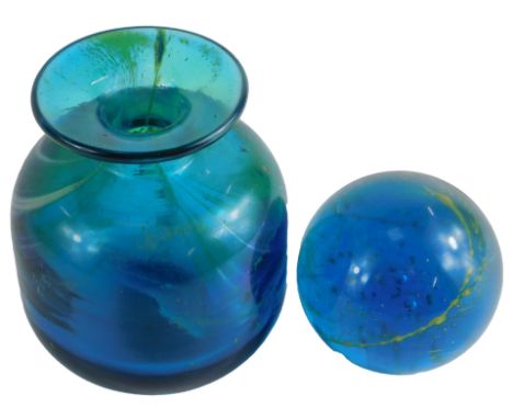 Two turquoise Art Glass wares, comprising a turquoise and green swirl vase, 12cm high, and a paperweight, 7cm high. (2) 