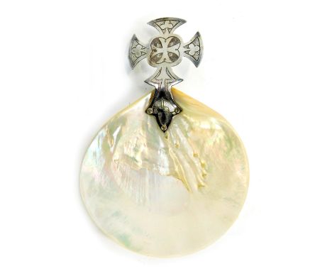 A Jones and Willis Victorian white metal and mother of pearl Baptismal shell, the embossed cross top marked with the maker, i