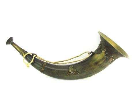 A horn and brass mounted hunting horn, with applied stag motif, 32cm long. 