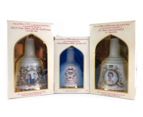 Three Bell's Scotch whisky decanters, to commemorate the 60th Birthday of Elizabeth II 1986, Marriage of Prince Andrew and Sa