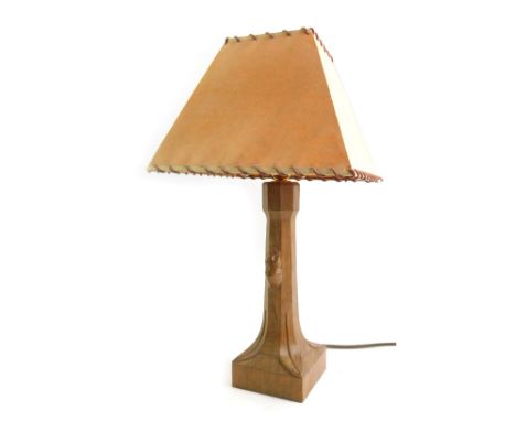 A Robert 'Mouseman' Thompson of Kilburn table lamp, with tapering column carved with mouse, on square base, with square taper