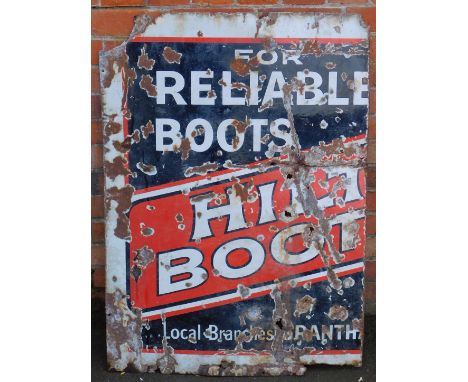 An enamel sign, for Reliable Boots, Hilt Boot branding, in black, white and red, 102cm x 73cm. (AF) 