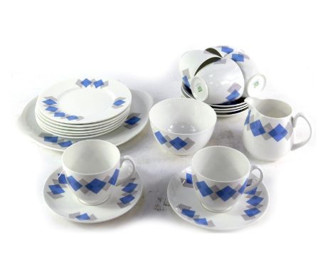 A Shelley blue Harlequin pattern part tea service, comprising six tea cups and saucers, cake plates, six side plates, milk ju