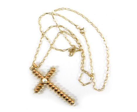 A 19thC French seed pearl cross, the cross 4cm high, on fine curb link neck chain, 48cm long, yellow metal unmarked believed 