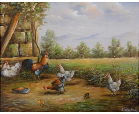 K Wender (20thC School). Hens feeding, oil on canvas, signed, 19cm x 23cm, in gilt frame. 