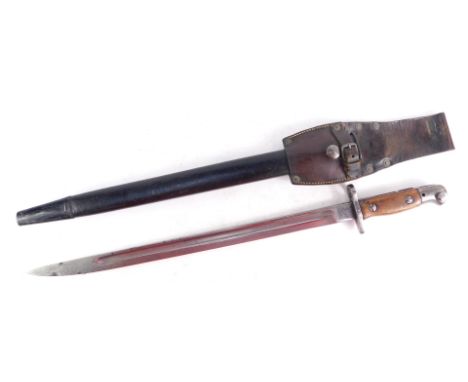 A British Anderson bayonet, dated 1907, in leather scabbard, blade is 43.5cm long, the overall length is 55cm long.